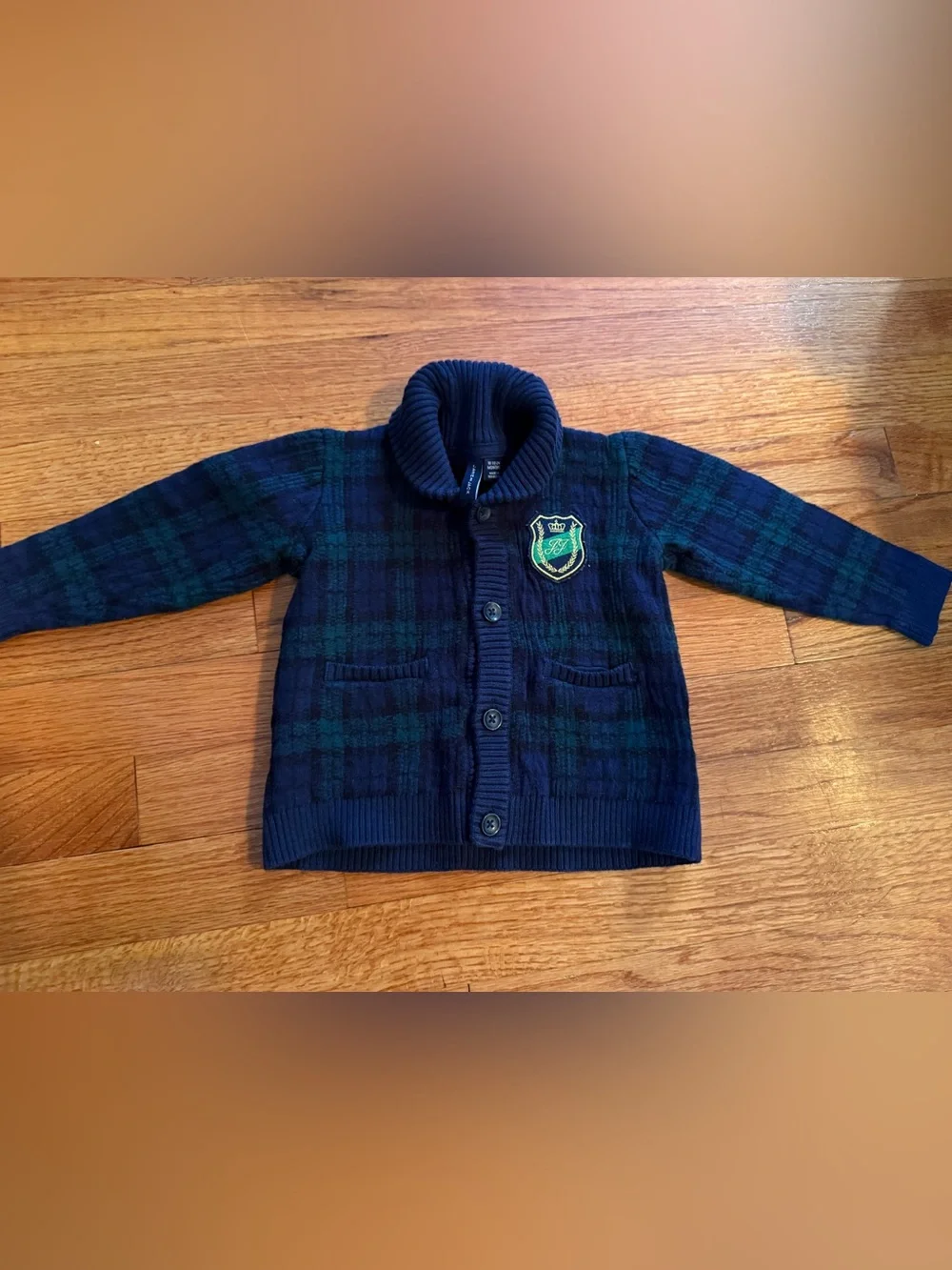 Janie And Jack Plaid Crest Patch Sweater 18-24 Months Cotton Navy Blue & Green